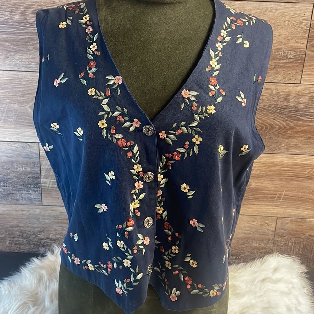 Vintage Embroidered Ladies Vest, Navy Blue with multicolored flowers